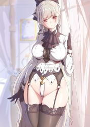 Rule 34 | 1girl, azur lane, black gloves, black thighhighs, breasts, cameltoe, commentary, curtains, earrings, formidable (azur lane), frills, garter belt, garter straps, gloves, groin, hair ribbon, highres, jewelry, large breasts, long hair, looking at viewer, parted lips, red eyes, ribbon, shiroi ume, solo, thighhighs, very long hair