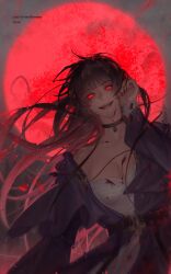 Rule 34 | 1girl, absurdres, adjusting hair, black choker, black hair, blood, blood from mouth, bloody tears, breasts, chinese commentary, choker, cleavage, collarbone, commentary request, copyright name, dark, dress, evil smile, full moon, genderswap, genderswap (mtf), glitch, highres, lips, long hair, looking at viewer, lord of the mysteries, medium breasts, moon, nail polish, night, night sky, parted lips, purple robe, red eyes, red moon, robe, sky, smile, solo, summerdaygloom, symbol-shaped pupils, teeth, tongue, trissy cheek, wind