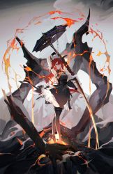 Rule 34 | 1girl, absurdres, arknights, arm up, bare shoulders, black dress, demon girl, demon horns, detached collar, dress, fingerless gloves, gloves, highres, holding, holding sword, holding weapon, horns, infection monitor (arknights), jacket, long hair, off shoulder, parted lips, purple eyes, red hair, surtr (arknights), sword, thighhighs, weapon, yu-x