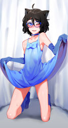 Rule 34 | 1boy, :d, absurdres, ahoge, animal ears, bare shoulders, black hair, blue choker, blue dress, blue eyes, blue gloves, blue socks, blush, cat ears, choker, closed mouth, clothes lift, collarbone, commentary, covered navel, crossdressing, dress, dress lift, elbow gloves, full body, glasses, gloves, hair between eyes, highres, kneeling, kushizaki (vtuber), lifted by self, looking at viewer, male focus, no shoes, one eye closed, open mouth, original, short hair, sleeveless, smile, socks, solo, st (youx1119), sweat, trap, virtual youtuber