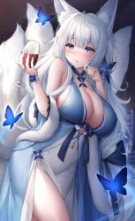 Rule 34 | 1girl, animal ear fluff, animal ears, azur lane, bare shoulders, blue butterfly, blue dress, blue eyes, blush, breasts, bug, butterfly, cleavage, commentary request, covered erect nipples, cup, cupping glass, dress, drinking glass, feather boa, fox ears, fox girl, fox tail, grey hair, hair ornament, hand up, highres, holding, holding cup, insect, kitsune, large breasts, long hair, looking at viewer, mole, mole under eye, multiple tails, oyuwari, parted lips, shinano (azur lane), shinano (dreams of the hazy moon) (azur lane), solo, standing, tail, thighs, very long hair, wine glass