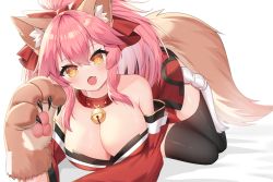 Rule 34 | 1girl, animal ear fluff, animal ears, animal hands, bell, black thighhighs, bow, breasts, cleavage, detached sleeves, fate/grand order, fate (series), fox ears, fox girl, fox tail, gloves, hair between eyes, hair bow, highres, japanese clothes, jingle bell, kimono, large breasts, long hair, looking at viewer, lying, neck bell, neko lu (wofud453), on bed, on stomach, open mouth, paw gloves, pink hair, red bow, red kimono, sidelocks, solo, tail, tamamo (fate), tamamo cat (fate), tamamo cat (first ascension) (fate), thighhighs, yellow eyes