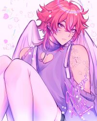 Rule 34 | 1boy, angel wings, arm tattoo, cleavage cutout, closed mouth, clothing cutout, ear piercing, expressionless, halo, heart on cheek, highres, looking at viewer, male focus, medium hair, mih0, off-shoulder shirt, off shoulder, original, pectoral cleavage, pectorals, piercing, pink eyes, pink hair, purple shirt, shirt, solo, star (symbol), tattoo, thighhighs, white background, white thighhighs, wings