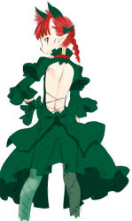 Rule 34 | 1girl, animal ears, backless dress, backless outfit, braid, cat ears, dress, from behind, green dress, kaenbyou rin, kagehito, looking back, pantyhose, pointy ears, profile, red eyes, red hair, simple background, solo, touhou, twin braids, white background