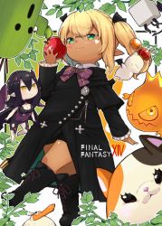 Rule 34 | 2girls, apple, barefoot, black bow, black coat, black footwear, black hair, black shorts, blonde hair, bomb (final fantasy), boots, bow, breasts, chibi, cleavage, closed mouth, coat, copyright name, cross-laced footwear, crown, dark-skinned female, dark skin, demon brick (ff14), demon girl, demon horns, demon wings, dodo (final fantasy), facial mark, fat cat (ff14), final fantasy, final fantasy xiv, food, frilled sleeves, frills, fruit, glasses, green eyes, hair bow, haruken, heart, holding, holding food, holding fruit, horns, knee boots, lace-up boots, lalafell, long hair, long sleeves, medium breasts, mini crown, mini person, minigirl, moogle, multiple girls, pointy ears, purple bow, purple wings, red apple, round eyewear, sabotender, short shorts, shorts, sleeves past wrists, smile, standing, standing on one leg, succubus (final fantasy), twintails, warrior of light (ff14), wings