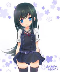 Rule 34 | 1girl, adapted costume, arms behind back, asashio (kancolle), asashio kai ni (kancolle), black hair, black thighhighs, blue eyes, commentary request, cowboy shot, dress, kantai collection, karin bluez3, long hair, looking at viewer, pinafore dress, shirt, short sleeves, sleeveless, sleeveless dress, solo, thighhighs, twitter username, white background, white shirt