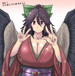 Rule 34 | 1girl, 2017, alternate hairstyle, black hair, black wings, bow, breasts, cape, cleavage, collarbone, double v, floral print, flower, gradient background, hair between eyes, hair bow, hair bun, hair flower, hair ornament, hanemikakko, huge breasts, japanese clothes, kimono, large wings, long hair, looking at viewer, maroon kimono, obi, pink background, red eyes, red kimono, reiuji utsuho, sash, seigaiha, shiny skin, signature, single hair bun, solo, touhou, translation request, upper body, v, white background, wide sleeves, wings