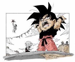 Rule 34 | 5boys, annoyed, black hair, black shirt, chibi, child, clenched hands, cloud, cloudy sky, commentary request, dirty, dirty clothes, dirty face, dragon ball, dragonball z, energy ball, father and son, fenyon, fingernails, flying, frieza, full body, genki dama, grass, index finger raised, kuririn, legs apart, looking back, looking up, male focus, mountain, multiple boys, open mouth, outdoors, outstretched arms, piccolo, red eyes, shirt, sky, son gohan, son goku, spiked hair, standing, teeth, torn clothes, torn legwear, torn shirt, twitter username