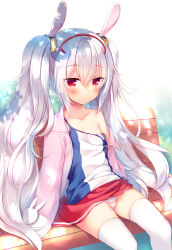Rule 34 | 1girl, animal ears, azur lane, backlighting, bare shoulders, bench, blush, breasts, camisole, closed mouth, collarbone, commentary request, hair between eyes, hair ornament, hairband, jacket, laffey (azur lane), long hair, long sleeves, looking at viewer, off shoulder, on bench, open clothes, open jacket, panties, park bench, pink jacket, pleated skirt, rabbit ears, red eyes, red hairband, red skirt, sazaki ichiri, silver hair, sitting, skirt, sleeves past fingers, sleeves past wrists, small breasts, solo, strap slip, striped clothes, striped panties, thighhighs, twintails, underwear, very long hair, white background, white camisole, white thighhighs
