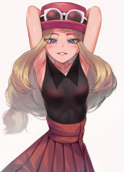 Rule 34 | 1girl, absurdres, armpits, arms up, black shirt, blue eyes, blush, breasts, brown hair, collarbone, creatures (company), eyewear on headwear, fedora, game freak, hat, high-waist skirt, higher resolution available, highres, long hair, looking at viewer, low-tied long hair, md5 mismatch, nintendo, parted lips, pink hat, pokemon, pokemon xy, red skirt, resolution mismatch, serena (pokemon), shirt, simple background, skirt, sleeveless, sleeveless shirt, small breasts, smile, solo, source smaller, sunglasses, torriet, very long hair, white-framed eyewear, white background