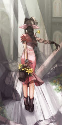 Rule 34 | 1990s (style), 1girl, aerith gainsborough, back, basket, boots, bow, braid, brown hair, church, cropped jacket, dress, female focus, final fantasy, final fantasy vii, flower, from behind, green eyes, hair bow, hair ribbon, haruhashi, jewelry, long dress, long hair, pink bow, pink dress, ponytail, retro artstyle, ribbon, single braid, solo, standing, sunlight, very long hair