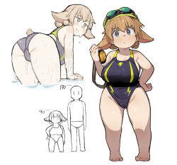 Rule 34 | 1boy, 1girl, animal ear fluff, animal ears, ass, bent over, blue eyes, blush, breasts, brown hair, cameltoe, chibi, double bun, dwarf, ears down, geso smith, goggles, goggles on head, hair bun, height chart, height difference, highres, large breasts, looking at viewer, one-piece swimsuit, original, partially submerged, shortstack, simple background, smile, swim cap, swimsuit, thighs, water, wet, white background