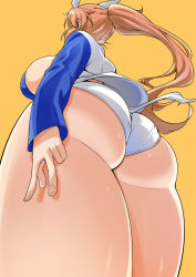 Rule 34 | 1girl, animal ears, ass, breasts, brown hair, charlotte e. yeager, commentary request, from behind, from below, huge ass, jacket, large breasts, long hair, panties, ponytail, rabbit ears, rabbit girl, simple background, skindentation, solo, strike witches, thick thighs, thighhighs, thighs, toudori, underwear, v, white panties, world witches series, yellow background