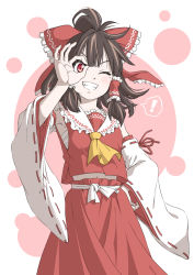 Rule 34 | !, 1girl, ascot, bow, brown hair, cowboy shot, detached sleeves, frilled bow, frilled shirt collar, frills, grin, hair bow, hair tubes, hakurei reimu, hand on own hip, hand over eye, hand up, highres, inuno rakugaki, looking at viewer, medium hair, midriff peek, navel, ok sign, ok sign over eye, one eye closed, red bow, red eyes, red shirt, ribbon-trimmed sleeves, ribbon trim, sarashi, shirt, sidelocks, simple background, skirt, skirt set, sleeveless, sleeveless shirt, smile, solo, teeth, touhou, wide sleeves, yellow ascot