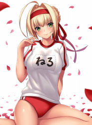 Rule 34 | 1girl, ahoge, blonde hair, buruma, closed mouth, fate/grand order, fate (series), green eyes, gym uniform, hair intakes, headband, highres, looking at viewer, nero claudius (fate), nero claudius (fate) (all), nero claudius (fate/extra), nero claudius (olympian bloomers) (fate), official alternate costume, petals, red buruma, red headband, short hair, short sleeves, simple background, sitting, smile, solo, takanashi-a, white background