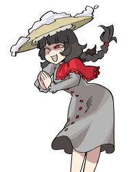Rule 34 | 1girl, ;d, absurdres, ajirogasa, bandana, black hair, braid, coat, eddybird55555, grey coat, hat, highres, leaning forward, long hair, long sleeves, looking at viewer, one eye closed, open mouth, own hands together, red bandana, red eyes, ringed eyes, simple background, smile, snow on head, solo, standing, sweatdrop, touhou, twin braids, vanripper (style), white background, yatadera narumi