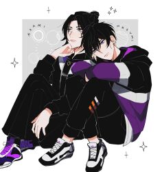 Rule 34 | 2boys, a3!, black hair, black pants, blue eyes, commentary, crossed arms, crossed legs, english commentary, hair between eyes, hair bun, hand on own chin, highres, hood, hoodie, izumida azami, male focus, mole, mole under mouth, multiple boys, oratoza, pants, purple eyes, shoes, short hair, simple background, sneakers, star (symbol), usui masumi