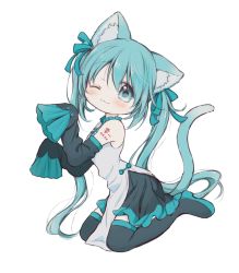 Rule 34 | 1girl, ;3, animal ear fluff, animal ears, bare shoulders, black footwear, black skirt, black sleeves, black thighhighs, blue bow, blue eyes, blue hair, blush, boots, bow, cat ears, cat girl, cat tail, chibi, closed mouth, commentary request, detached sleeves, dress, full body, grey dress, hair bow, hands up, hatsune miku, highres, hitode, kemonomimi mode, long hair, long sleeves, looking at viewer, one eye closed, pelvic curtain, pleated skirt, simple background, sitting, skirt, sleeveless, sleeveless dress, solo, tail, thigh boots, thighhighs, twintails, very long hair, vocaloid, wariza, white background