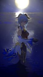 Rule 34 | 1girl, 38 (sanjuuhachi), ahoge, bare shoulders, bell, black gloves, blue hair, blurry, blurry background, bodystocking, bodysuit, bow, breasts, closed mouth, commentary, detached sleeves, from side, ganyu (genshin impact), genshin impact, gloves, goat horns, hair between eyes, hands up, highres, horns, long hair, long sleeves, looking at viewer, looking to the side, medium breasts, moon, moonlight, neck bell, night, night sky, ocean, purple eyes, reflection, reflective water, sky, solo, sparkle, star (sky), starry sky, very long hair, wading, water, white sleeves, wide sleeves, wing collar