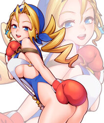 Rule 34 | 1girl, ass, bare shoulders, blonde hair, blue eyes, boxing gloves, breasts, from behind, hat, headband, highres, justice gakuen, large breasts, miurah69, sleeveless, tiffany lords