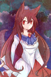 Rule 34 | 1girl, animal ears, bad id, bad pixiv id, breasts, brooch, brown hair, dress, forest, imaizumi kagerou, jewelry, long hair, long sleeves, looking at viewer, nature, red eyes, satorichan, sky, solo, star (sky), star (symbol), starry sky, tail, touhou, wolf ears, wolf tail