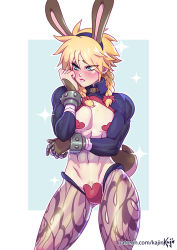 Rule 34 | 1boy, abs, animal ears, artist name, blonde hair, blue background, blush, braid, breasts, brown gloves, choker, cloud strife, covered erect nipples, crossdressing, eyes visible through hair, fake animal ears, fake tail, final fantasy, final fantasy vii, final fantasy vii remake, gloves, hair between eyes, heart, kajin (kajinman), leotard, male focus, male playboy bunny, meme attire, mole, mole on breast, mole on crotch, muscular, navel, outside border, pantyhose, patreon username, playboy bunny, pout, rabbit ears, rabbit tail, reverse bunnysuit, reverse outfit, simple background, sparkle, standing, star (symbol), tagme, tail, trap, twin braids, two-tone background, watermark, web address, white background