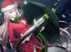 Rule 34 | 1girl, blurry, blurry background, braid, dress shirt, dutch angle, fate/grand order, fate (series), floating hair, florence nightingale (fate), florence nightingale (santa) (fate), fur-trimmed headwear, fur trim, gloves, green neckwear, green umbrella, gun, hat, holding, holding gun, holding weapon, jacket, long hair, long sleeves, open mouth, red eyes, red hat, red jacket, santa costume, santa hat, shirt, silver hair, snowing, solo, standing, umbrella, uraha, very long hair, weapon, white gloves, white shirt