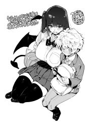 Rule 34 | 1boy, 1girl, age difference, bag, blazer, blush, bow, bowtie, breast pocket, breasts, chomoran, commentary request, demon girl, demon tail, demon wings, greyscale, handheld game console, highres, holding, holding handheld game console, jacket, large breasts, long sleeves, monochrome, open mouth, original, pants, pocket, school bag, school uniform, simple background, skirt, tail, thighhighs, translation request, white background, wings