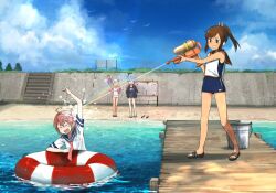 Rule 34 | 4girls, ahoge, annin musou, arm up, black jacket, blonde hair, blue hair, blue one-piece swimsuit, blue sailor collar, blush, brown eyes, brown hair, closed eyes, day, flower, grin, hair between eyes, hair flower, hair ornament, holding, holding water gun, i-19 (kancolle), i-401 (kancolle), i-58 (kancolle), innertube, jacket, kantai collection, long hair, multiple girls, name tag, neckerchief, one-piece swimsuit, open clothes, open jacket, open mouth, outdoors, pink flower, pink hair, pink jacket, pink neckerchief, ponytail, red eyes, ro-500 (kancolle), sailor collar, sailor shirt, sandals, school swimsuit, school uniform, serafuku, shirt, short hair, short sleeves, sleeveless, sleeveless shirt, smile, swim ring, swimsuit, swimsuit under clothes, tri tails, water, water gun, white shirt