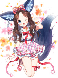 Rule 34 | 1girl, ;d, animal ears, blue eyes, blush, bow, brown hair, commentary request, commission, floral background, forehead, frilled skirt, frills, full body, hair bow, hand up, long hair, looking at viewer, mauve, one eye closed, open mouth, original, parted bangs, pixiv commission, plaid, plaid skirt, red bow, red footwear, sailor collar, shirt, shoes, short sleeves, skirt, smile, socks, solo, tail, very long hair, white background, white sailor collar, white shirt, white socks, wolf ears, wolf girl, wolf tail, yellow bow