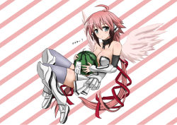 Rule 34 | 1girl, ahoge, angel, angel wings, bare shoulders, between breasts, black hair, blush, breasts, chain, cleavage, collar, collarbone, food, fruit, gradient hair, green eyes, ikaros, large breasts, long hair, looking at viewer, mint (cerbi), multicolored hair, pink hair, ribbon, solo, sora no otoshimono, translation request, twintails, watermelon, wings