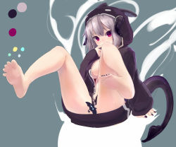 Rule 34 | 1girl, barefoot, bat (animal), blush, breasts, censored, character censor, demon girl, demon tail, feet, grey hair, highres, hood, hoodie, horns, large breasts, legs up, nail polish, naked hoodie, novelty censor, open clothes, open hoodie, original, red eyes, short hair, soles, solo, spread legs, tail, toes, zi (mumei)
