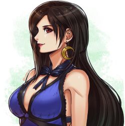 Rule 34 | 1girl, asymmetrical bangs, bare arms, blue dress, breasts, brown hair, choker, cleavage, dress, earrings, final fantasy, final fantasy vii, final fantasy vii remake, green background, highres, jewelry, large breasts, lipstick, long hair, lukrevadraws, makeup, official alternate costume, parted lips, red eyes, ribbon choker, solo, square enix, tifa lockhart, tifa lockhart (refined dress), upper body, wall market