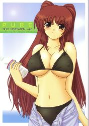 Rule 34 | 00s, 1girl, bikini, bikini under clothes, black bikini, blush, bottle, breasts, brown eyes, cleavage, cover, covered erect nipples, female focus, highres, kousaka tamaki, large breasts, long hair, navel, non-web source, open fly, pin vice, pinup (style), red hair, scan, sky, smile, solo, swimsuit, swimsuit under clothes, to heart (series), to heart 2, underboob, unzipped, very long hair, water bottle