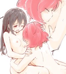 Rule 34 | 10s, 2girls, araco, black hair, blush, breast sucking, breasts, brown hair, completely nude, closed eyes, flat chest, hair between eyes, long hair, love live!, love live! school idol project, multiple girls, multiple views, nipples, nishikino maki, nude, one eye closed, open mouth, red eyes, red hair, short hair, sideboob, simple background, small breasts, sweat, sweatdrop, wavy mouth, white background, wince, yazawa nico, yuri