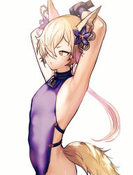 Rule 34 | 1boy, animal ears, armpits, arms behind head, arms up, blonde hair, blush, commentary request, dress, fox boy, fox ears, fox tail, from side, granblue fantasy, hair over one eye, kou (granblue fantasy), looking at another, male focus, shiny clothes, shiny skin, sideless outfit, simple background, sleeveless, sleeveless dress, solo, tail, trap, white background, yellow eyes, yoruhachi
