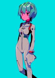 Rule 34 | 1girl, ayanami rei, blue hair, bodysuit, breasts, closed mouth, expressionless, hair ornament, highres, interface headset, medium breasts, menma (enaic31), neon genesis evangelion, plugsuit, red eyes, short hair, simple background, solo, standing, white bodysuit