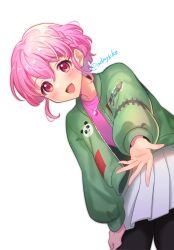 Rule 34 | 1boy, :d, braid, cowboy shot, crossdressing, green jacket, hand on own leg, highres, jacket, jewelry, leaning forward, long sleeves, looking at viewer, male focus, mendamen, mole, mole under eye, necklace, open hand, open mouth, outstretched arm, pink eyes, pink hair, pink shirt, pleated skirt, pretty series, pripara, reaching, reaching towards viewer, reona west, shirt, short hair, side braid, simple background, skirt, smile, solo, standing, trap, white background, white skirt