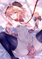 Rule 34 | 1boy, arm up, armpits, astolfo (fate), bdsm, bed sheet, black bow, black thighhighs, blush, bondage, bound, bow, braid, breasts, collar, collarbone, covering privates, covering crotch, fang, fate/grand order, fate (series), feet out of frame, hair between eyes, hair bow, hair intakes, head tilt, kemonomimi mode, leash, legs up, long hair, looking at viewer, lying, male focus, multicolored hair, navel, on back, pasties, pink hair, purple eyes, single braid, small breasts, solo, sora 72-iro, spread legs, stomach, streaked hair, tail, thighhighs, very long hair, viewer holding leash, white hair