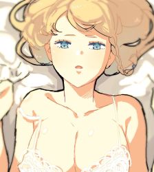 Rule 34 | 1girl, bed, bed sheet, black clover, blonde hair, blue eyes, bra, braid, breasts, charlotte roselei, cleavage, collarbone, gripping sheet, highres, lace, large breasts, looking at viewer, lying, on back, open mouth, solo, underwear