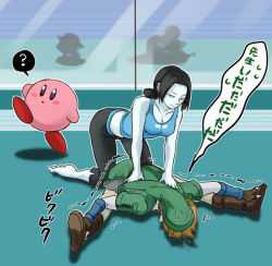 Rule 34 | 1boy, 1girl, ?, assisted stretching, barefoot, black hair, blonde hair, boots, breasts, capri pants, colored skin, kirby, kirby (series), link, long hair, medium breasts, midriff, mirror, nintendo, pants, ponytail, smile, spandex, spoken question mark, stretching, super smash bros., suzuno (kazahanasu), tank top, the legend of zelda, the legend of zelda: twilight princess, translated, white skin, wii fit, wii fit trainer, wii fit trainer (female)