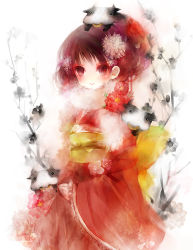 Rule 34 | bad id, bad pixiv id, blush, cow, flower, japanese clothes, kimono, red eyes, red hair, shimeko, smile, solo