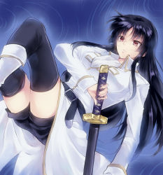 Rule 34 | 1girl, ascot, bad id, bad pixiv id, belt, black thighhighs, boots, gintama, hime cut, imai nobume, long hair, maruki (punchiki), red eyes, shorts, solo, sword, thighhighs, thighs, weapon