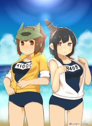 Rule 34 | 10s, 2girls, alternate costume, black hair, blue sky, blush, breasts, brown eyes, brown hair, capriccyo, cloud, collarbone, competition school swimsuit, day, hair ornament, hair ribbon, headgear, highres, hood, hood down, hoodie, ise (kancolle), kantai collection, long hair, looking at viewer, medium breasts, multiple girls, name tag, one-piece swimsuit, open clothes, ponytail, red eyes, ribbon, school swimsuit, short hair, sky, sleeveless, sleeveless hoodie, sleeves rolled up, smile, sun, swimsuit, swimsuit under clothes, twitter username, visor cap, yamashiro (kancolle), zipper