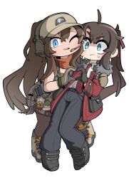 Rule 34 | 1boy, 1girl, absurdres, ahoge, armedrabbit, ascot, baseball cap, bent over, black footwear, black gloves, black pants, blue eyes, boots, breasts, brown footwear, brown hair, brown headwear, brown shirt, closed mouth, cm901 (girls&#039; frontline), collared shirt, commander (girls&#039; frontline), commission, commissioner upload, ear protection, fur-trimmed jacket, fur trim, girls&#039; frontline, gloves, hair between eyes, hat, heart, heart hands, heart hands duo, highres, jacket, journey in the auspicious snow (girls&#039; frontline), long hair, long sleeves, looking at viewer, microphone, necktie, one eye closed, open clothes, open jacket, open mouth, orange ascot, pants, ponytail, pouch, red jacket, red necktie, shirt, shorts, sidelocks, sleeveless, sleeveless shirt, small breasts, thighhighs, white shirt