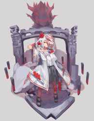 Rule 34 | 1girl, arknights, closed mouth, collarbone, colored skin, creature, dinrlala, closed eyes, floating, flower, grey footwear, grey skirt, hair flower, hair ornament, highres, long hair, mask, mask on head, multicolored hair, nian (arknights), painttool sai (medium), pointy ears, red eyes, red flower, red hair, red skin, shide, skirt, sleeves past fingers, sleeves past wrists, smile, spirit, standing, streaked hair, tail, tattoo, tongue, tongue out, white hair, wide sleeves