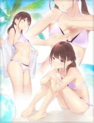 Rule 34 | 1girl, ama mitsuki, bare legs, bare shoulders, barefoot, beach, bikini, blush, breasts, brown hair, closed mouth, collarbone, commentary request, day, highres, long hair, looking at viewer, multiple views, navel, open clothes, open shirt, original, outdoors, palm tree, pink bikini, purple eyes, shirt, side-tie bikini bottom, sitting, small breasts, standing, swimsuit, tree, twintails, undressing, white shirt
