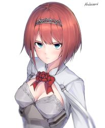 Rule 34 | 10s, 1girl, ark royal (kancolle), artist name, blue eyes, blunt bangs, bob cut, bow, breasts, cleavage cutout, clothing cutout, flower, hairband, highres, kagi f, kantai collection, looking at viewer, red bow, red hair, rose, short hair, simple background, small breasts, solo, tiara, upper body, white background
