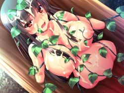 Rule 34 | 1girl, black hair, blush, grabbing another&#039;s breast, breasts, brown eyes, collarbone, female focus, game cg, grabbing, jk miko hime ishukan jutai, large breasts, leaf, long hair, looking at viewer, navel, nipples, nude, open mouth, plant, puffy nipples, restrained, shion mizuki, solo, tongue, zion (company)
