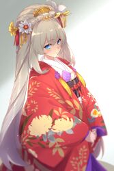 Rule 34 | 1girl, blue eyes, blush, breasts, echo (circa), fate/grand order, fate (series), flower, hair flower, hair ornament, hair stick, japanese clothes, kimono, long hair, long sleeves, looking at viewer, marie antoinette (fate), marie antoinette (the princess&#039; pilgrimage) (fate), medium breasts, obi, red kimono, sash, sidelocks, smile, solo, twintails, very long hair, white hair, white kimono, wide sleeves